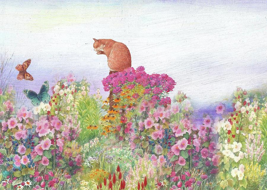 Illustrated Cat in Garden Painting by Judith Cheng