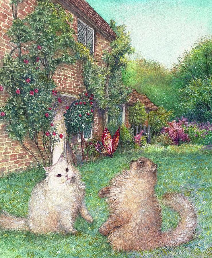 Illustrated cats in English Cottage Garden Painting by Judith Cheng
