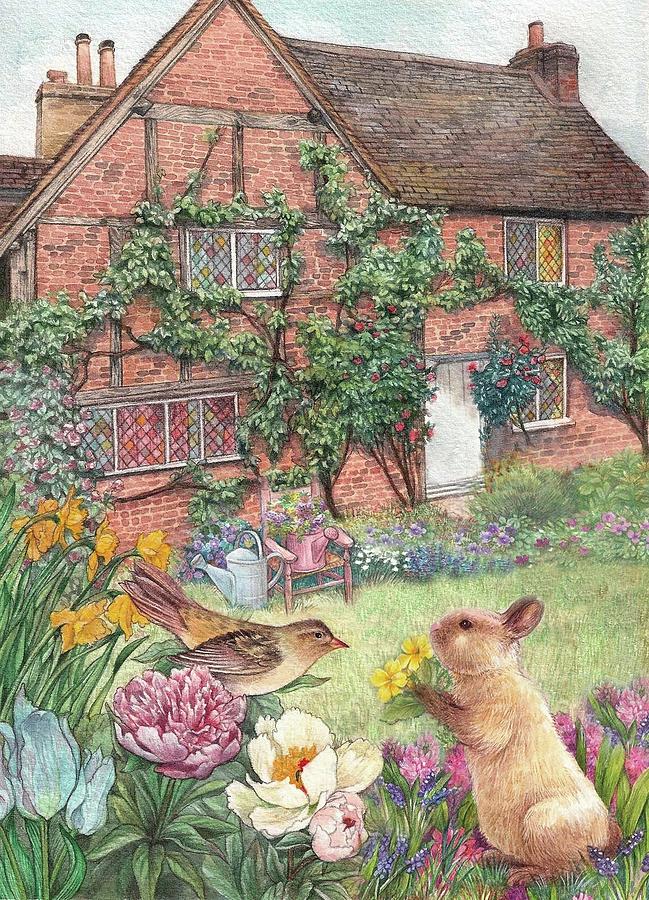 Illustrated English cottage with bunny and bird Painting by Judith Cheng