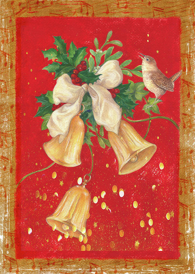 Illustrated Holly, Bells with Birdie Painting by Judith Cheng