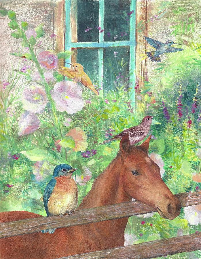 Illustrated Horse and Birds in Garden Painting by Judith Cheng