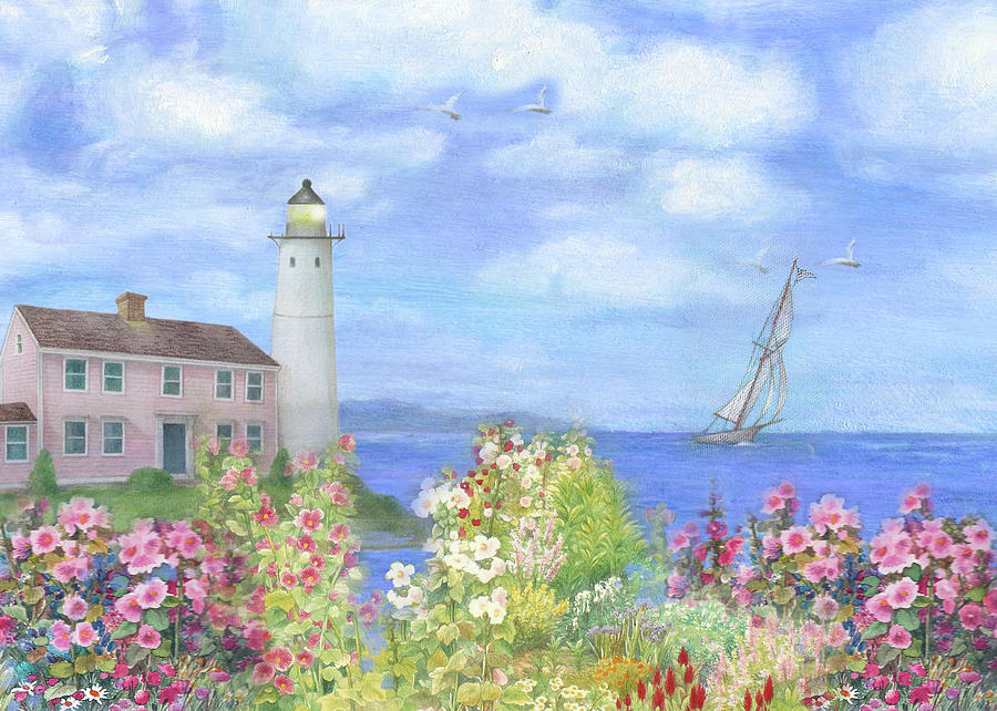 Illustrated Lighthouse by Summer Garden Painting by Judith Cheng