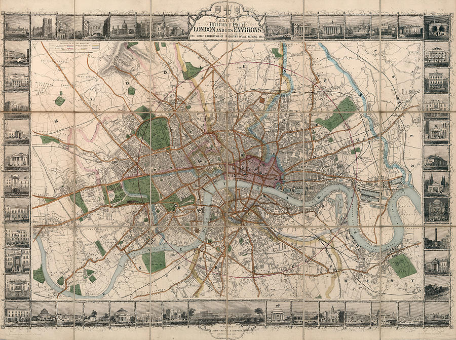 London Drawing - Illustrated Plan of London and its Environs - Map of London - Historic Map - Antique Map of London by Studio Grafiikka