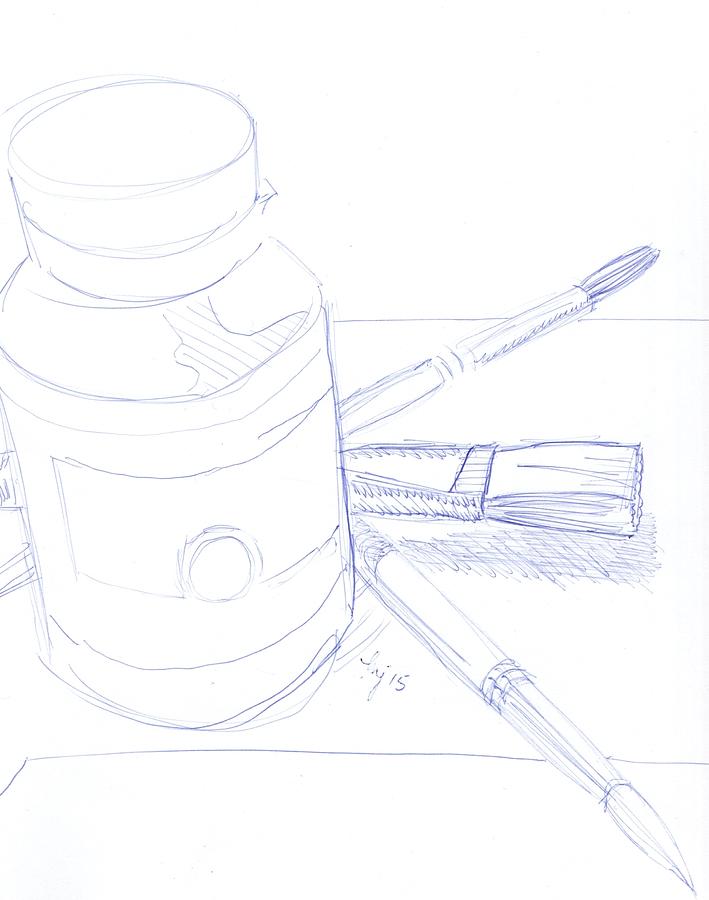 Illustration of a Paint Pot and some Artist Brushes - Equipment Check Drawing by Mike Jory