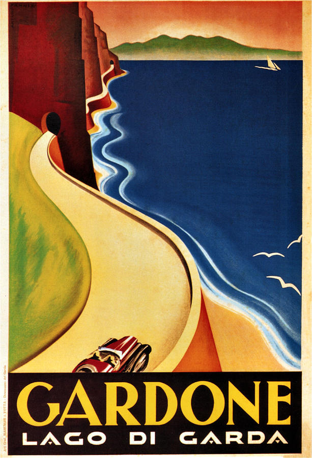 Illustration of a winding road in Gardone by the shore of Lake Garda - Vintage Travel Poster Painting by Studio Grafiikka