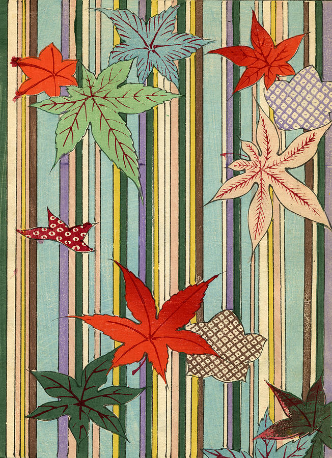 Pattern Painting - Illustration of Autumn Leaves on a Striped Background by Unknown