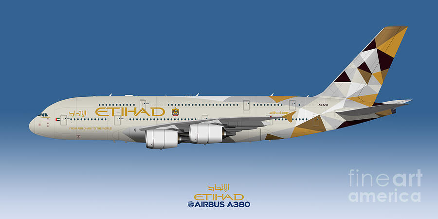 Illustration of Etihad Airways Airbus A380 - Blue Version Digital
