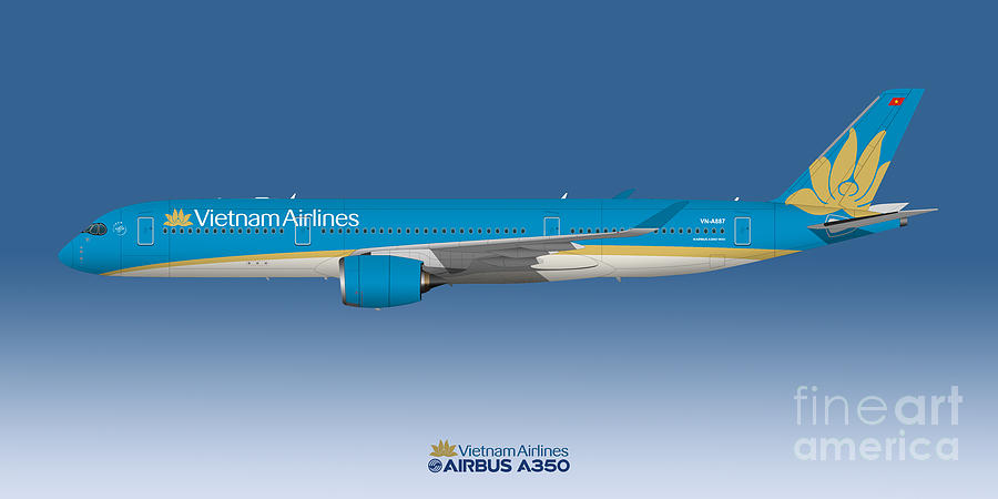 Airplane Digital Art - Illustration of Vietnam Airlines Airbus A350 - Blue Version by Steve H Clark Photography