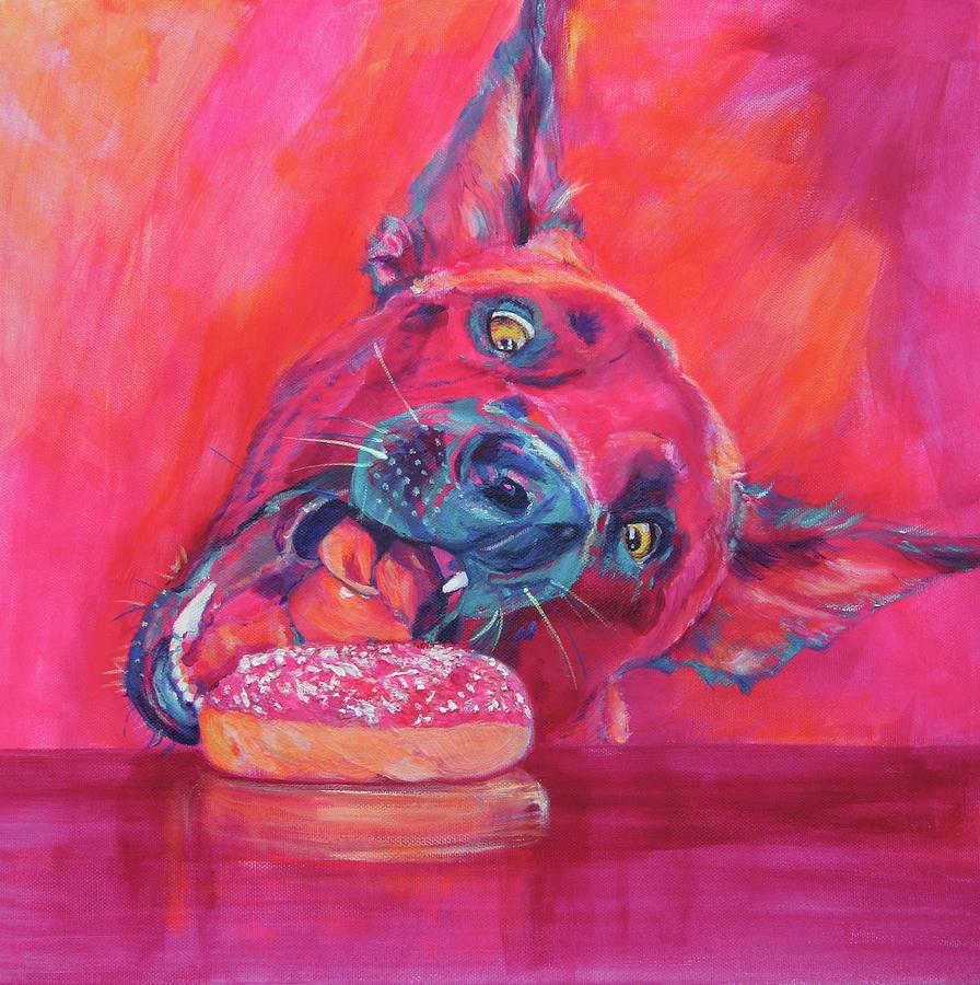  Dog getting that donut Painting by Karin McCombe Jones