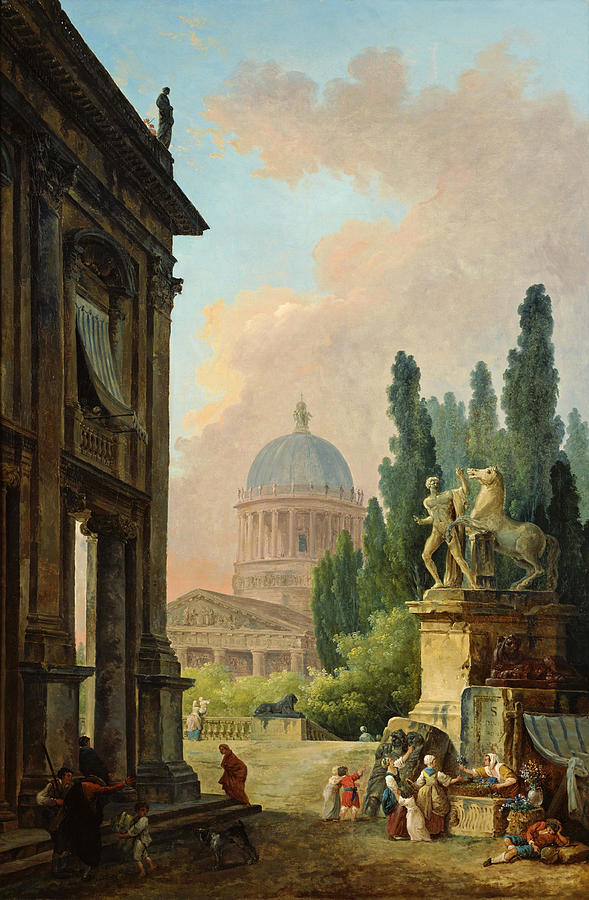 Imaginary View of Rome with the Horse-Tamer of the Monte Cavallo and a Church Painting by Hubert Robert