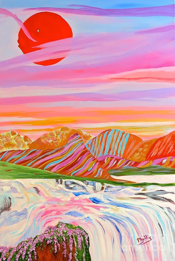 Waterfall Painting - My Imagination of Chinas Vast Rainbow Mountains by Phyllis Kaltenbach