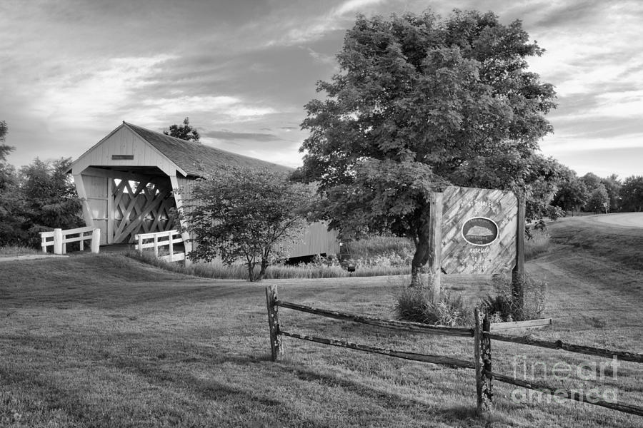 Imes Covered Bridge Welcome Sign Black And White Photograph by Adam Jewell