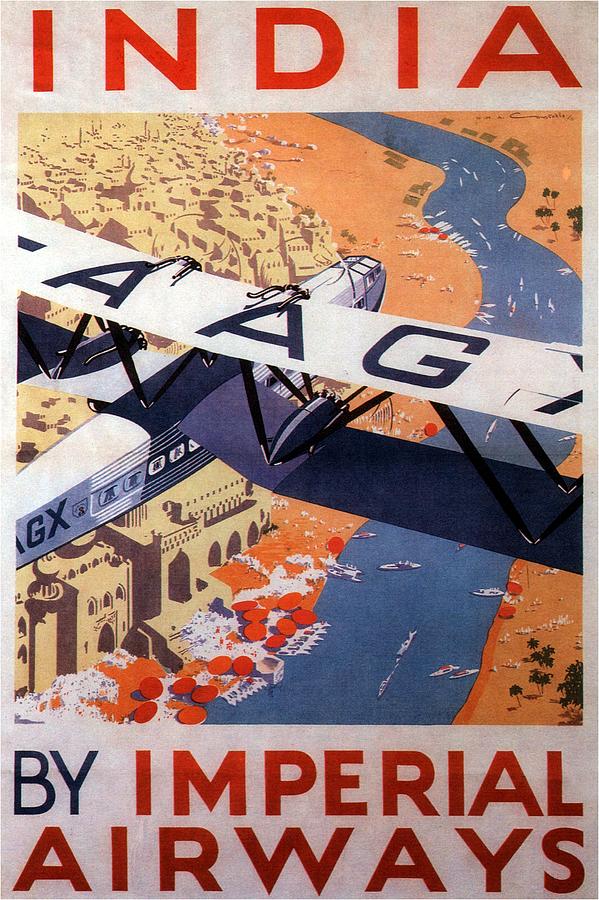 Imperial Airways Airplane flying over river Ganges in India - Vintage Travel Advertising Poster Painting by Studio Grafiikka