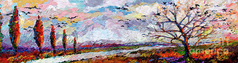 Impressionist Autumn Panoramic Landscape Bird Migration Painting by Ginette Callaway