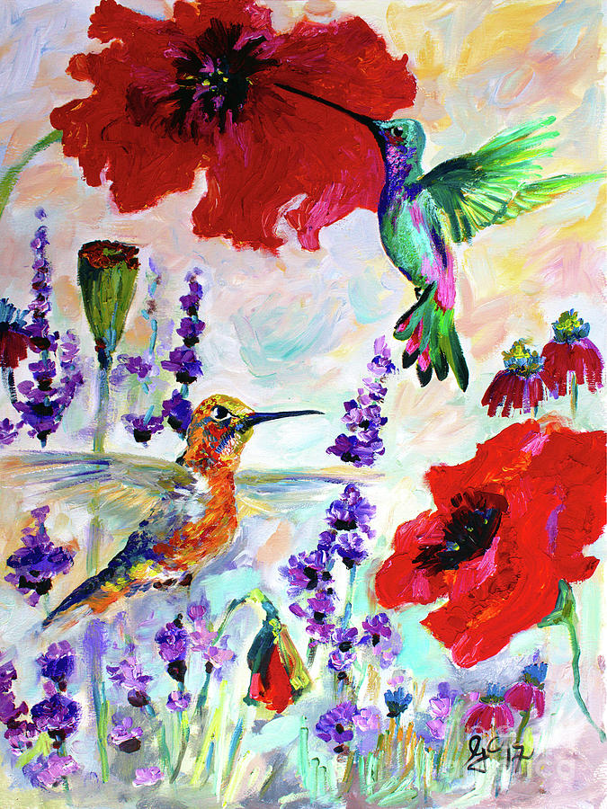 Impressionist Hummingbirds on Red Poppies and Lavender  Painting by Ginette Callaway
