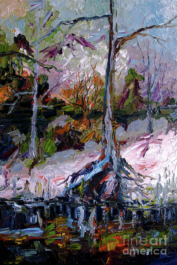 Impressionist Landscape Portrait Wetland Tree Painting by Ginette Callaway