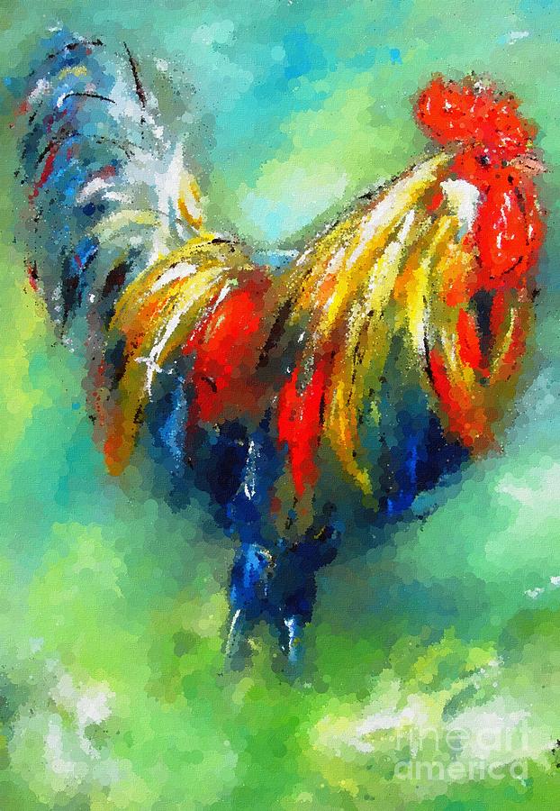 see www.pixi-art.com painting of colorful  cockrel and Impressionist rooster  Painting by Mary Cahalan Lee - aka PIXI