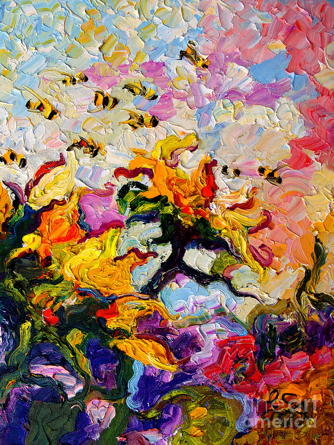 Impressionist Sunflowers and Bees Painting by Ginette Callaway