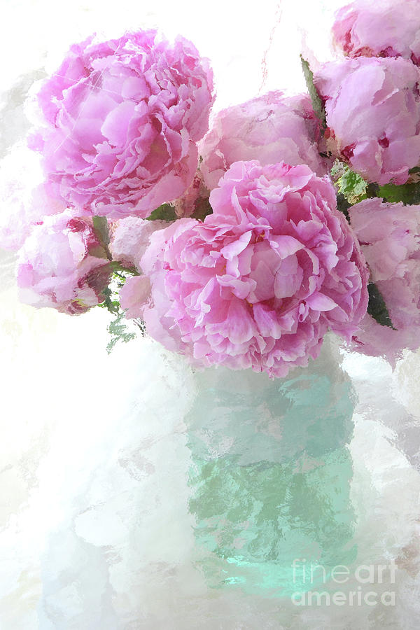 Impressionistic Romantic Pink Peonies Aqua Vase French Impressionism - Romantic Shabby Chic Peonies Photograph by Kathy Fornal