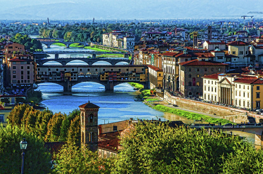 Impressions Of Florence - Long Blue Shadows on the Arno River Digital Art by Georgia Mizuleva