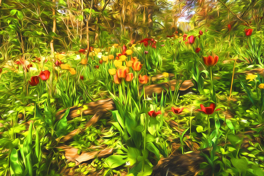 Impressions of Gardens - the Untamed Tulip Forest in Spring Painting by Georgia Mizuleva