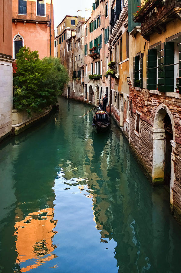 Impressions of Venice - Green Reflections and a Gondola Digital Art by Georgia Mizuleva