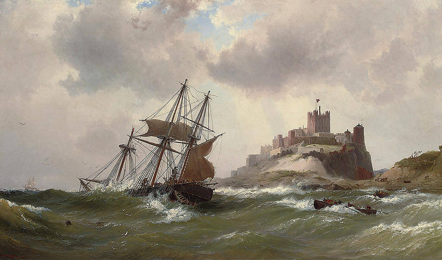 In dangerous waters off Bamburgh Castle. Northumberland Painting by Vilhelm Melbye