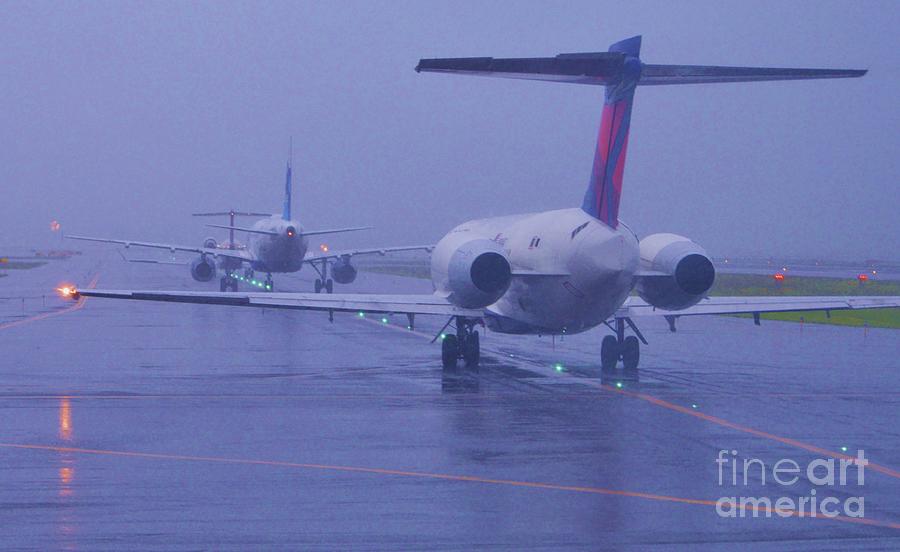 Airplane Photograph - In Line In The Fog At Logan Airport, Boston by Poets Eye