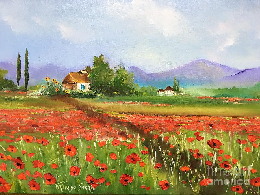 Poppy Landscape Painting - In Love With Toscanas Poppies by Viktoriya Sirris