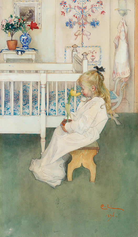 In Nightshirt - Lisbeth with a Yellow Tulip Painting by Carl Larsson