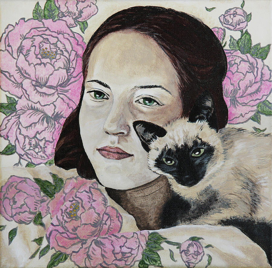 In Peonies With a Cat Painting by Masha Batkova