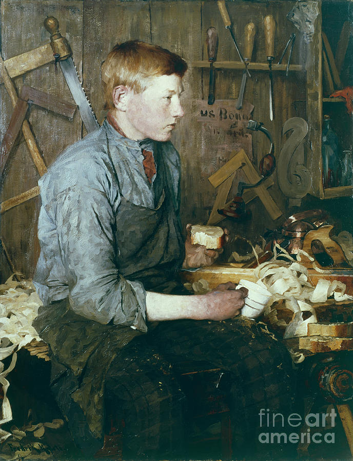 In the carpenters workroom Painting by O Vaering by Fredrik Kolstoe