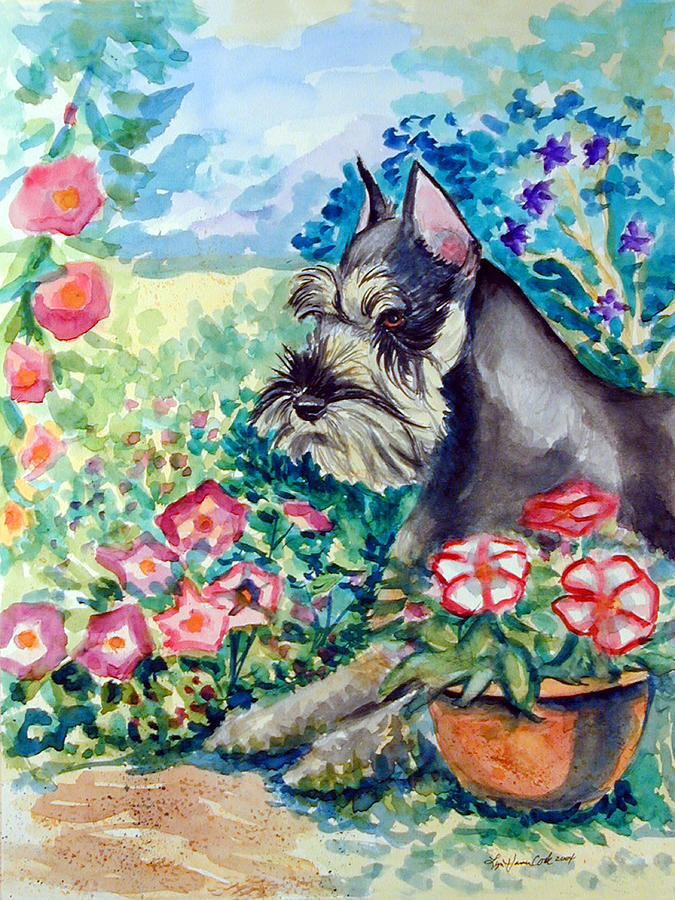 Dog Painting - In the Garden - Schnauzer by Lyn Cook