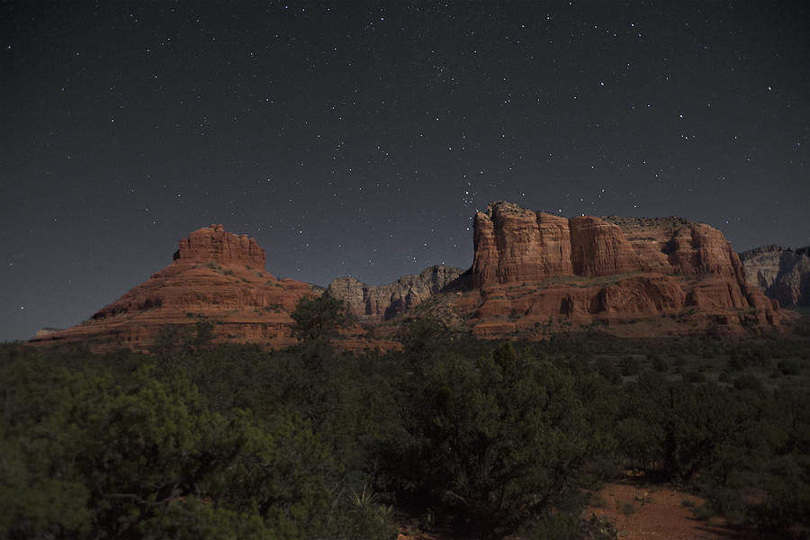 In The Moonlight Bell Rock Courthouse Butte Sedona Photograph by Steven Barrows
