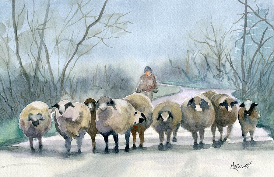 Sheep Painting - In the Morning Mist by Marsha Elliott