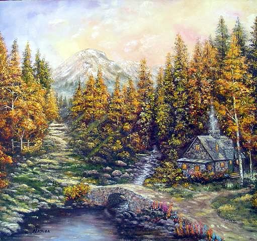 House In The Woods Painting - In THe Woods by Najlaa Mahmoud House In The Woods Painting - In THe Woods by Najlaa Mahmoud