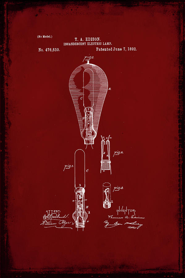 Incandescent Electric Lamp Patent Drawing 4d Mixed Media by Brian Reaves