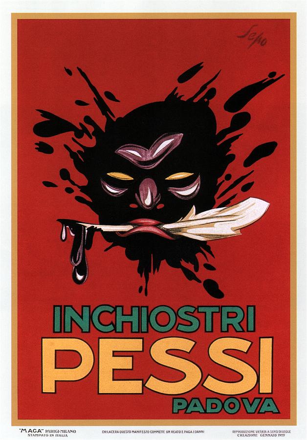 Inchiostri Pessi - Padova, Italy - Face As Ink Splodge With A Feather - Vintage Advertising Poster Mixed Media
