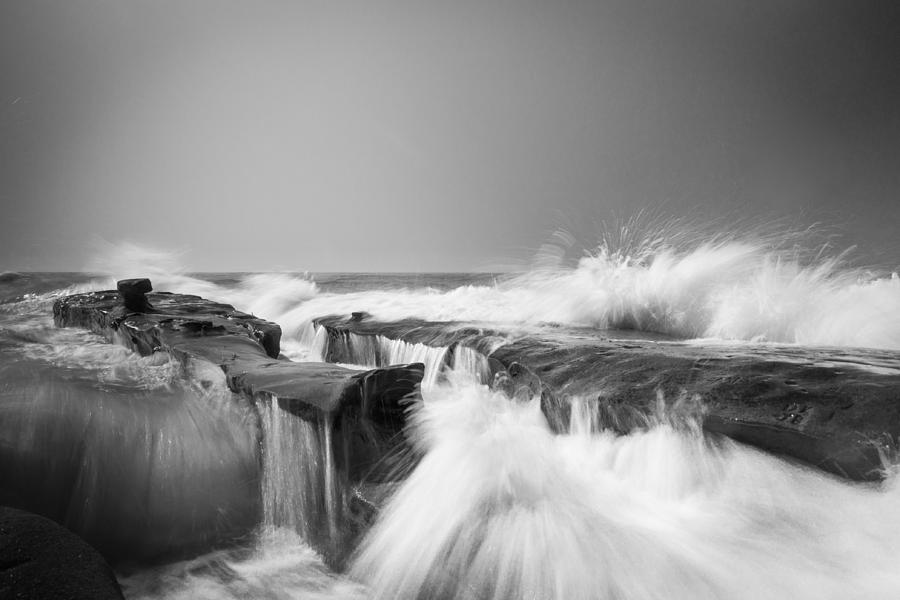 Incoming  La Jolla Rock Formations Black and White Photograph by Scott Campbell