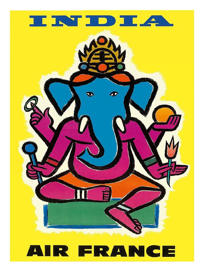 India Digital Art - India Air France Hindu Lord Ganesha Vintage Airline Travel Poster by Jean Carlu by Retro Graphics