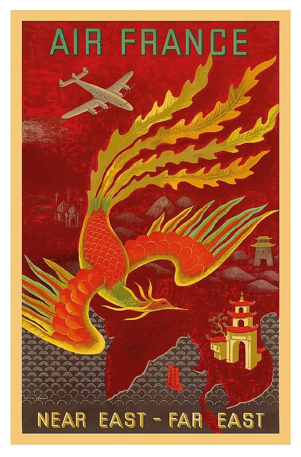 Near East Digital Art - India, China and Japan, the Bird of Paradise countries - Air France Vintage Airline Travel Poster by Retro Graphics