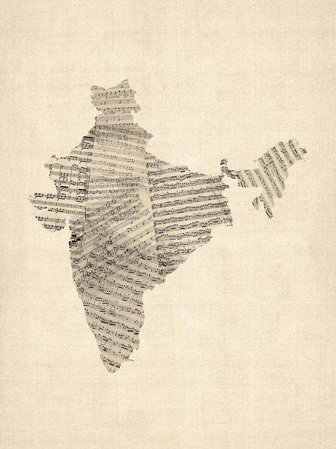 India Map Digital Art - India Map, Old Sheet Music Map of India by Michael Tompsett