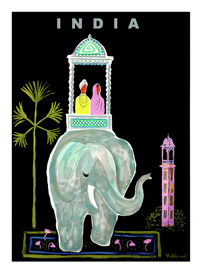 Vintage Painting - India, romantic elephant ride, vintage travel poster by Long Shot