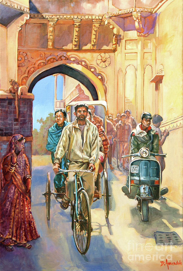 India street scene with a bicycle rickshaw Painting by Dominique Amendola