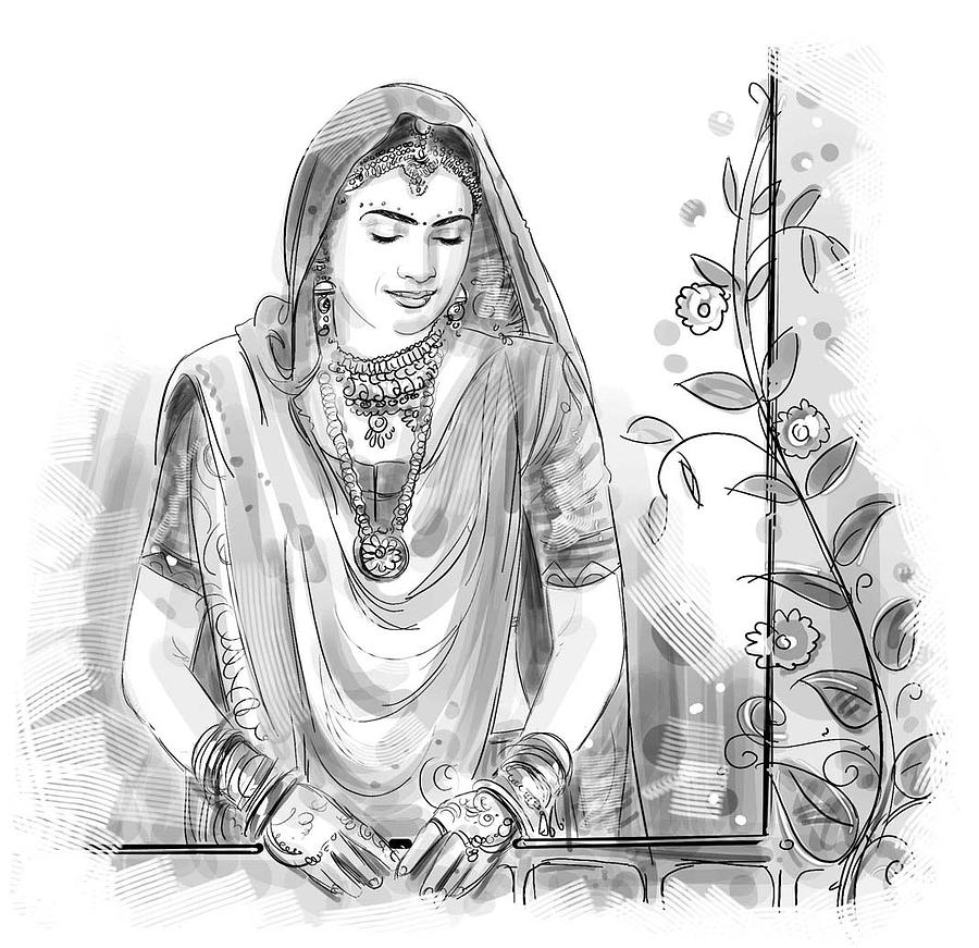 Sketches and Drawings : Pencil sketch - girl in Telugu culture and  tradition (India)