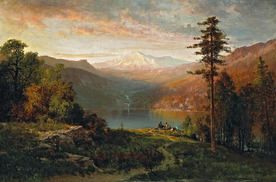 Indian by a Lake in a Majestic California Landscape Painting by Thomas Hill