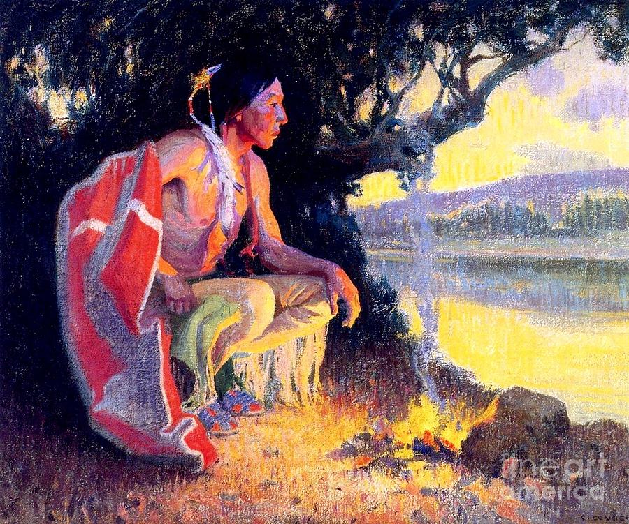 Indian by the fire Painting by Thea Recuerdo