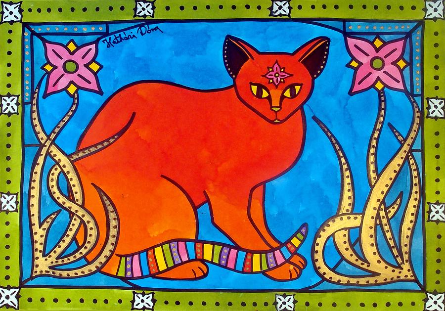 Indian cat with Lilies Painting by Dora Hathazi Mendes