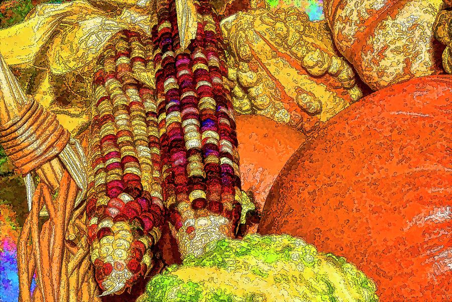 Indian Corn and Autumn Gourds I  Digital Art by Linda Brody