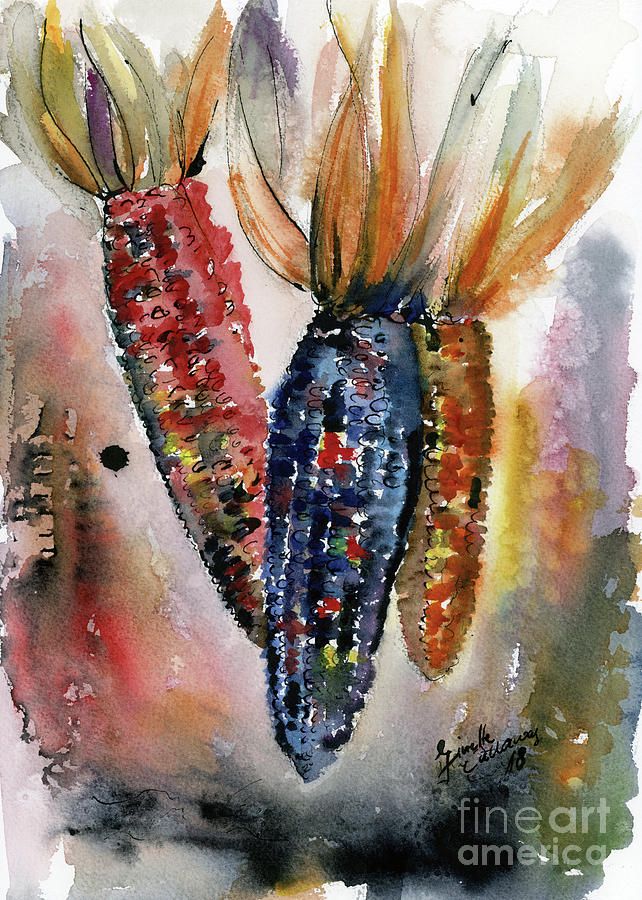 Indian Corn Food Art Watercolor Painting by Ginette Callaway